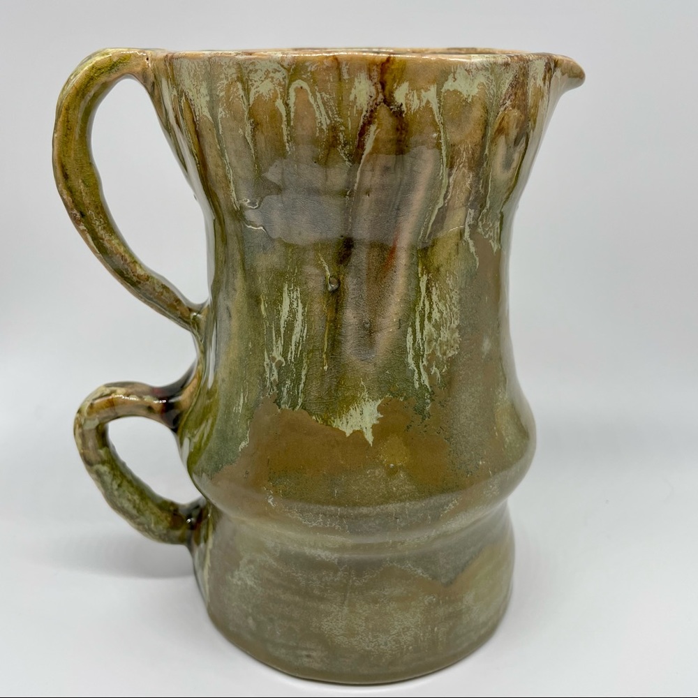 Art Pottery Double Handle Pitcher Unique Brown Green